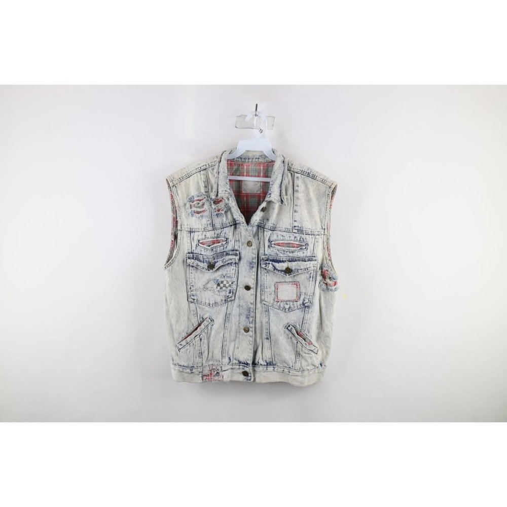Vintage 90s Streetwear Womens Large Thrashed Punk Rock Denim Jean Vest Jacket